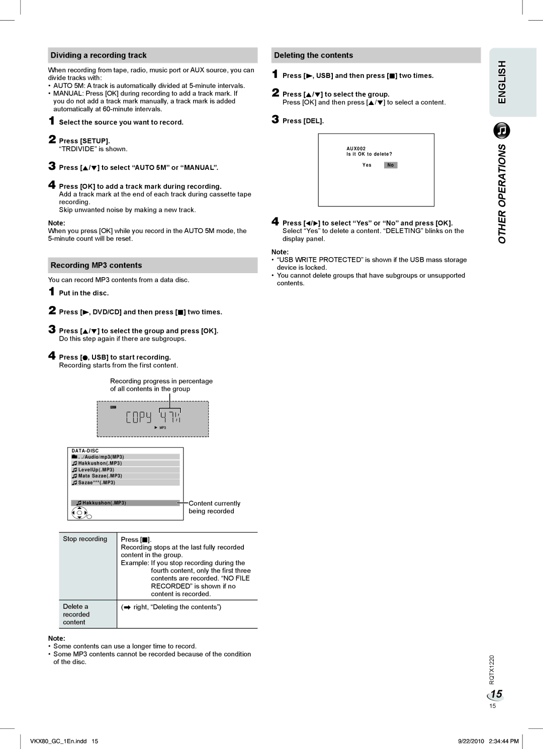 Panasonic SC-VKX80 manual Dividing a recording track, Recording MP3 contents, Deleting the contents 