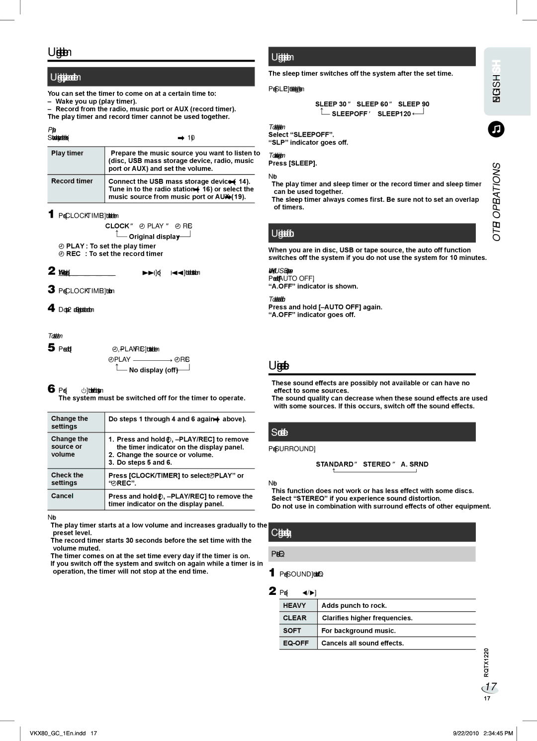 Panasonic SC-VKX80 manual Using the timer, Using sound effects, Other 