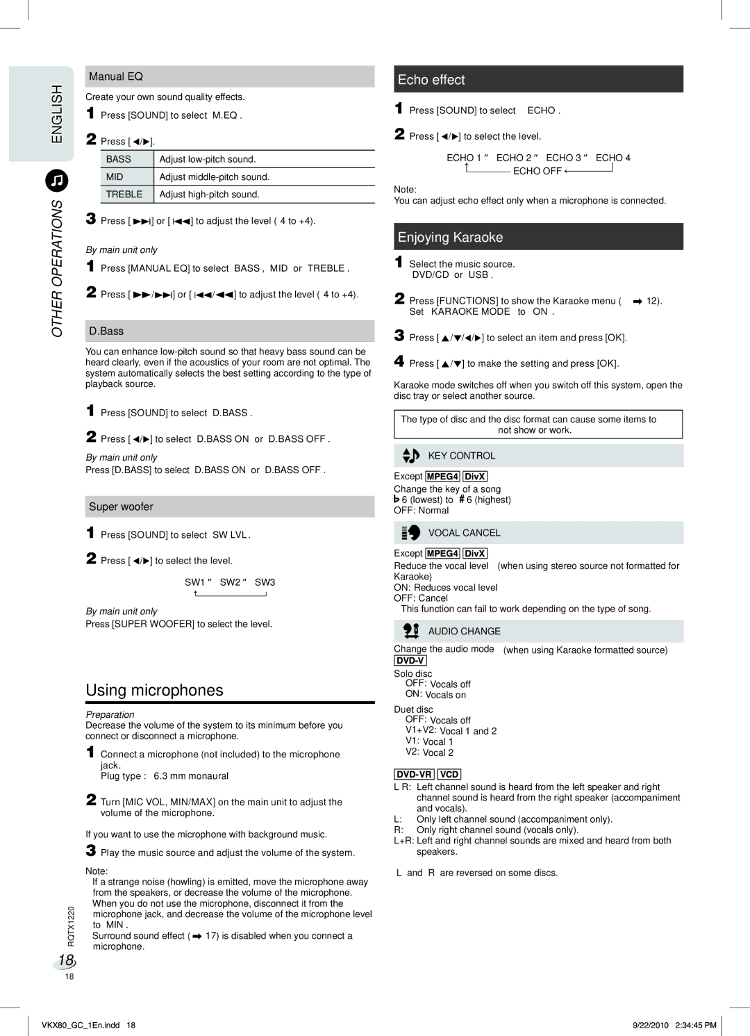 Panasonic SC-VKX80 manual Using microphones, Echo effect, Enjoying Karaoke 