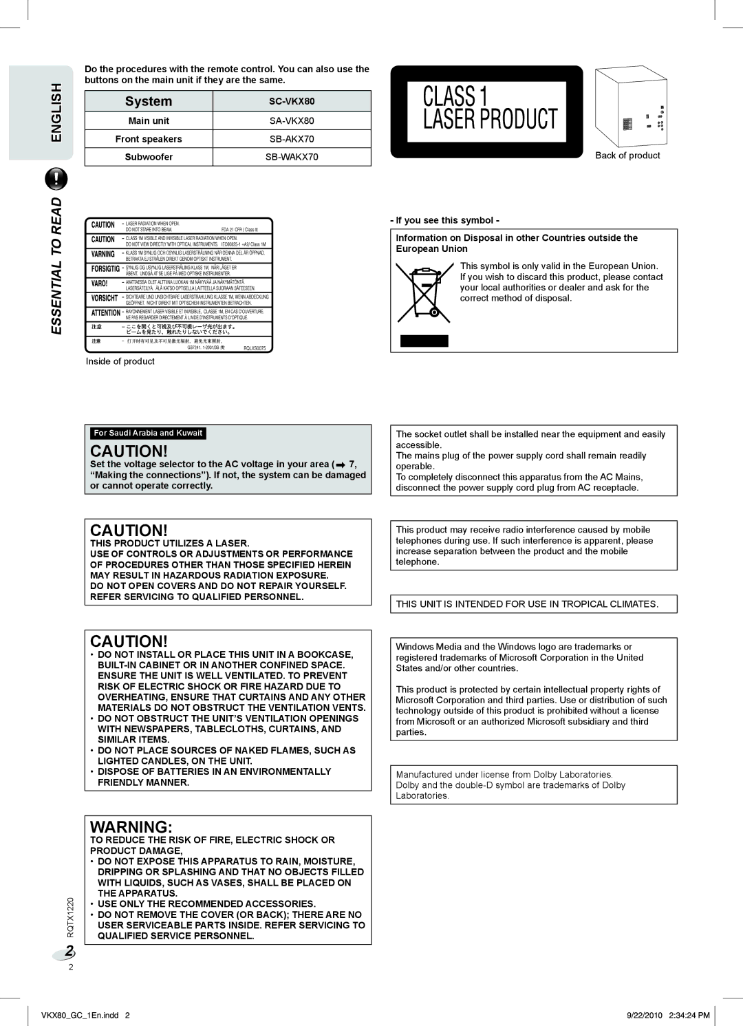 Panasonic SC-VKX80 manual Essential to Read 