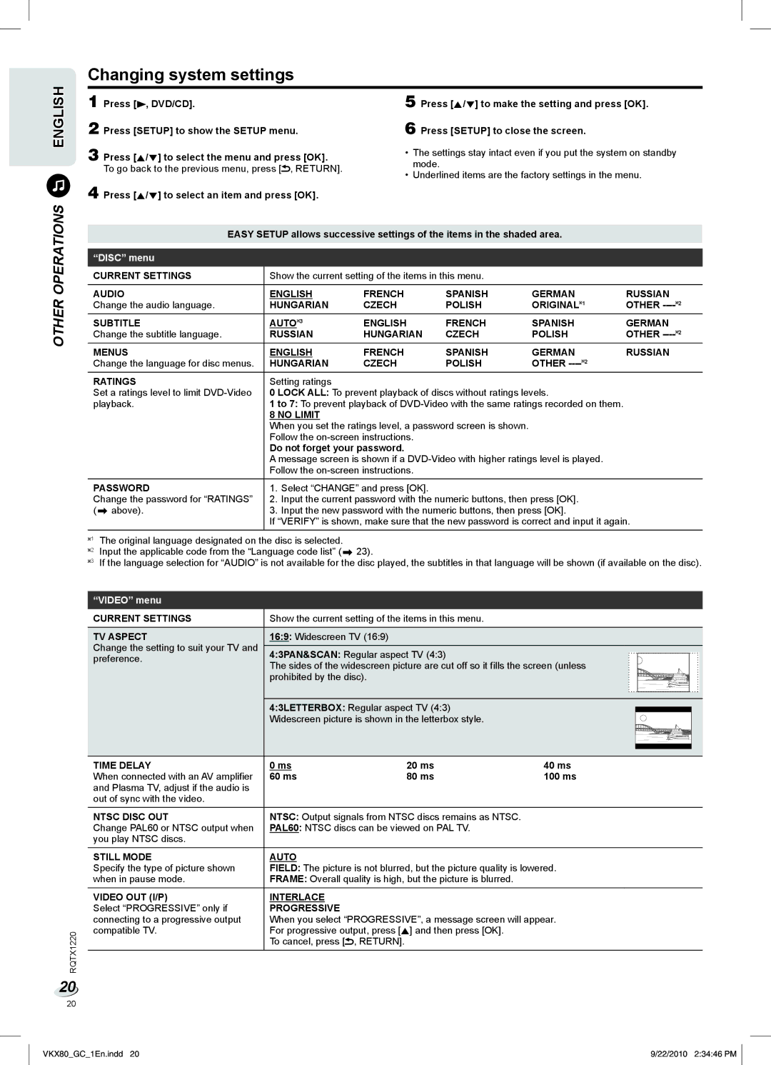 Panasonic SC-VKX80 manual Changing system settings 