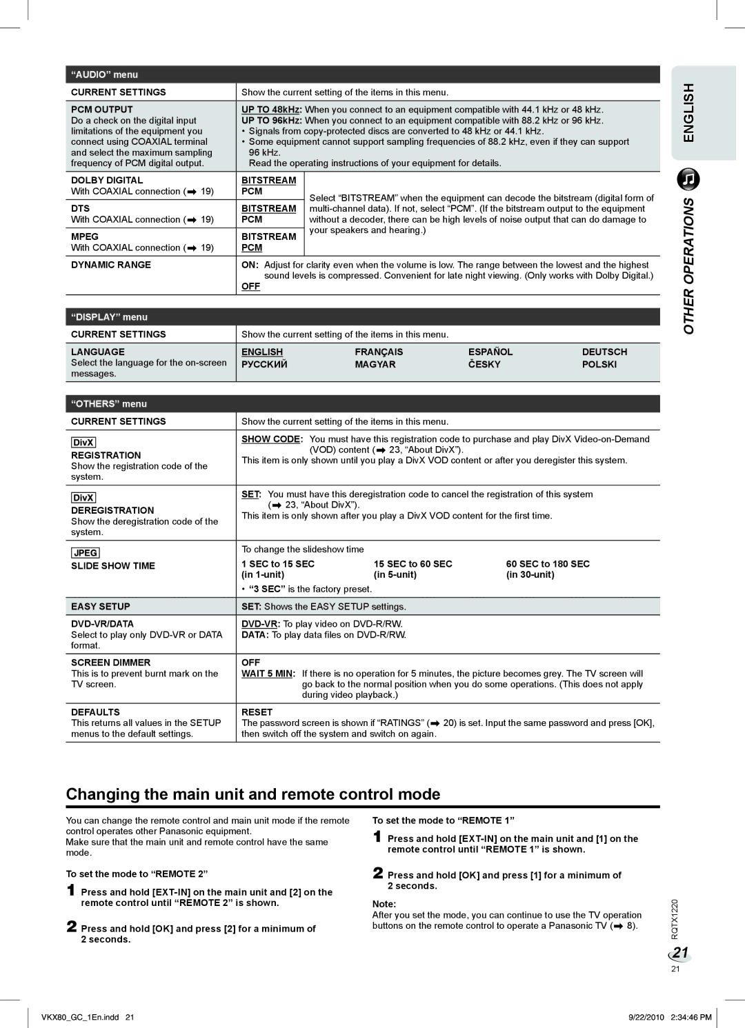 Panasonic SC-VKX80 manual Changing the main unit and remote control mode 