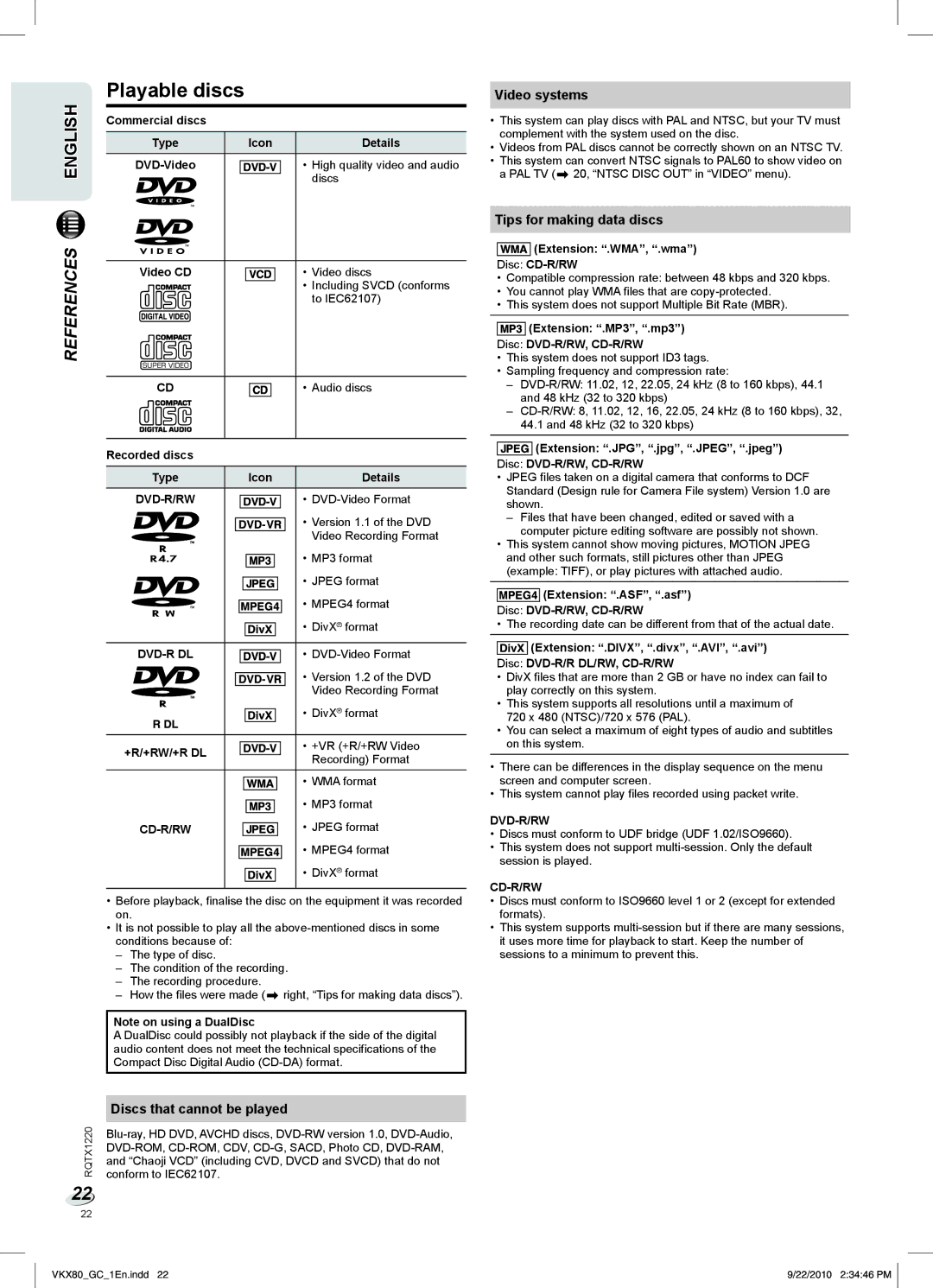 Panasonic SC-VKX80 manual Playable discs, Discs that cannot be played, Video systems, Tips for making data discs 