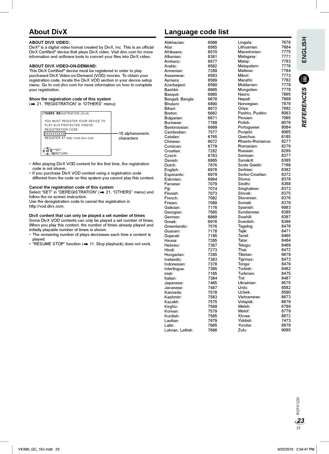 Panasonic SC-VKX80 manual About DivX, Language code list, About Divx Video About Divx VIDEO-ON-DEMAND 