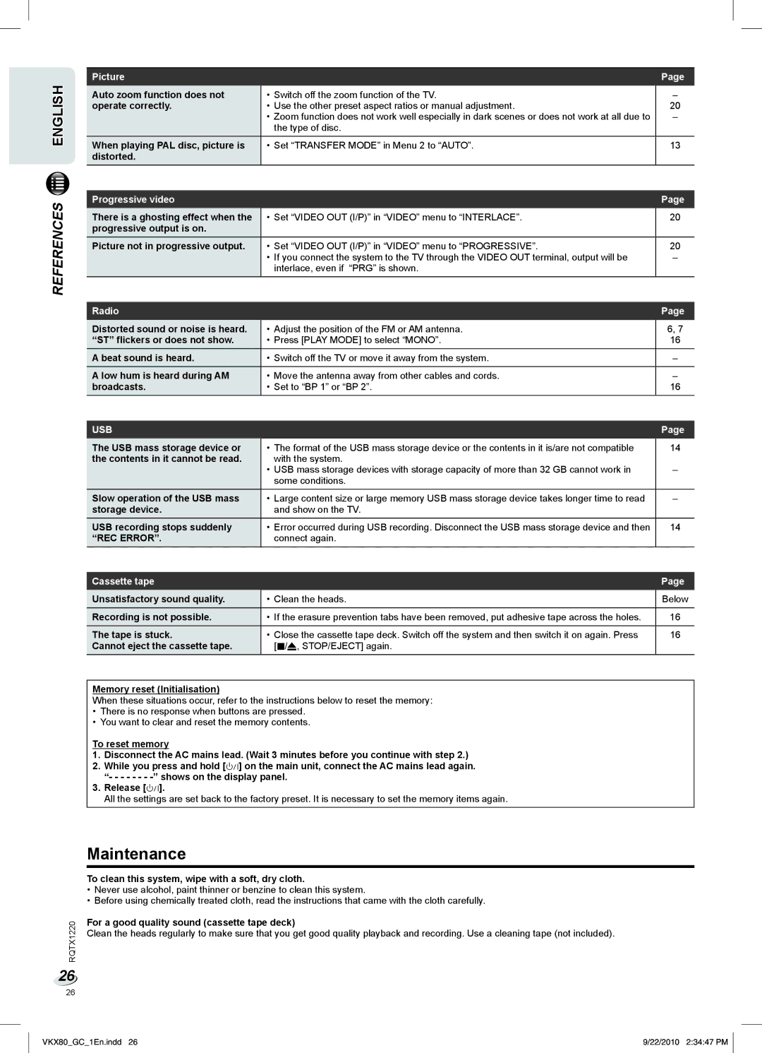Panasonic SC-VKX80 manual Maintenance, Progressive video, Radio, REC Error, Cassette tape 