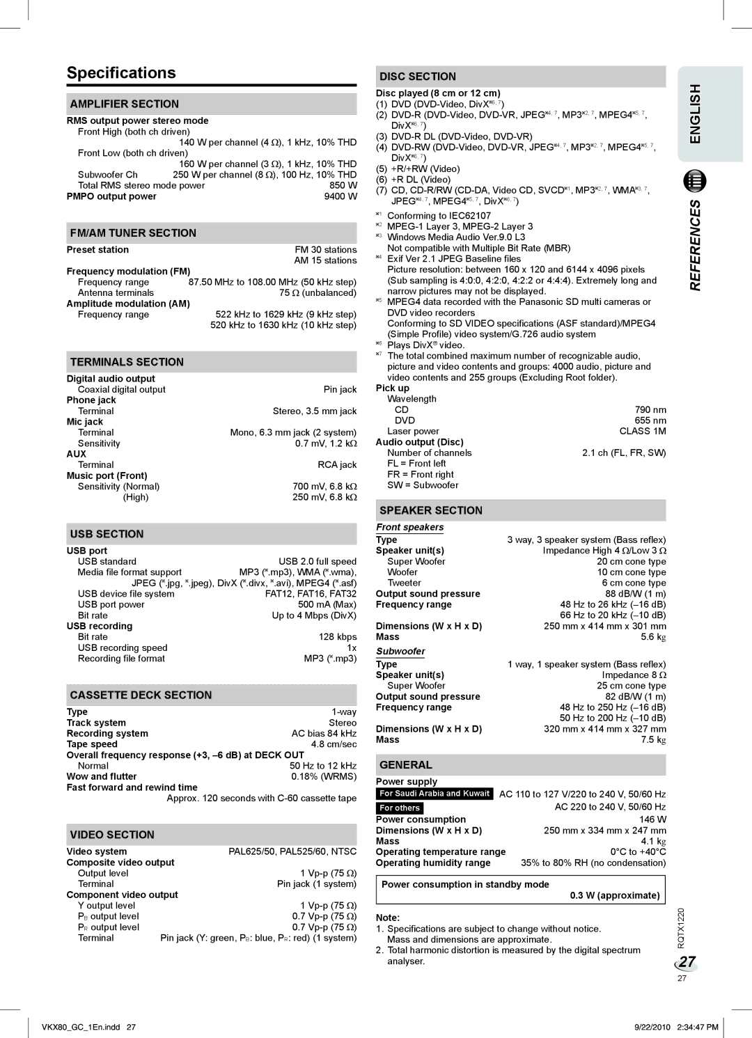 Panasonic SC-VKX80 manual Specifications, Aux, Front speakers, Subwoofer 