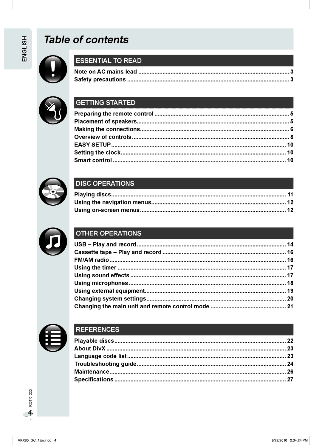 Panasonic SC-VKX80 manual Table of contents 