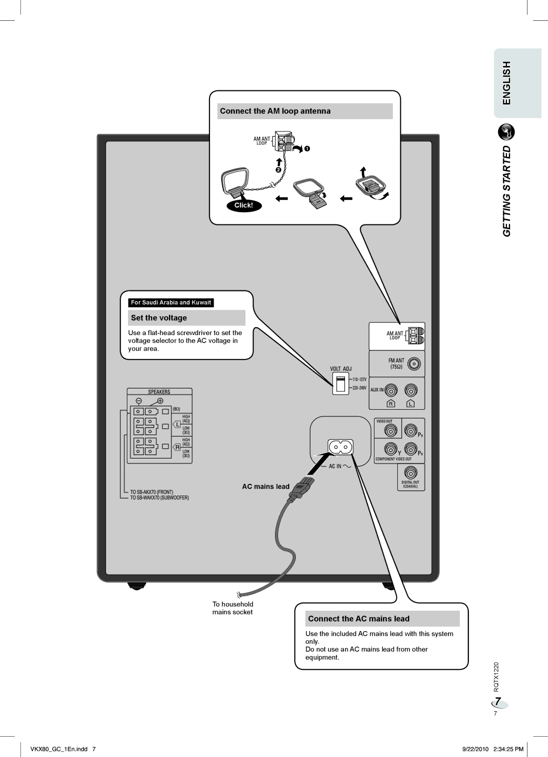 Panasonic SC-VKX80 manual Connect the AM loop antenna, Set the voltage, Connect the AC mains lead, Click 