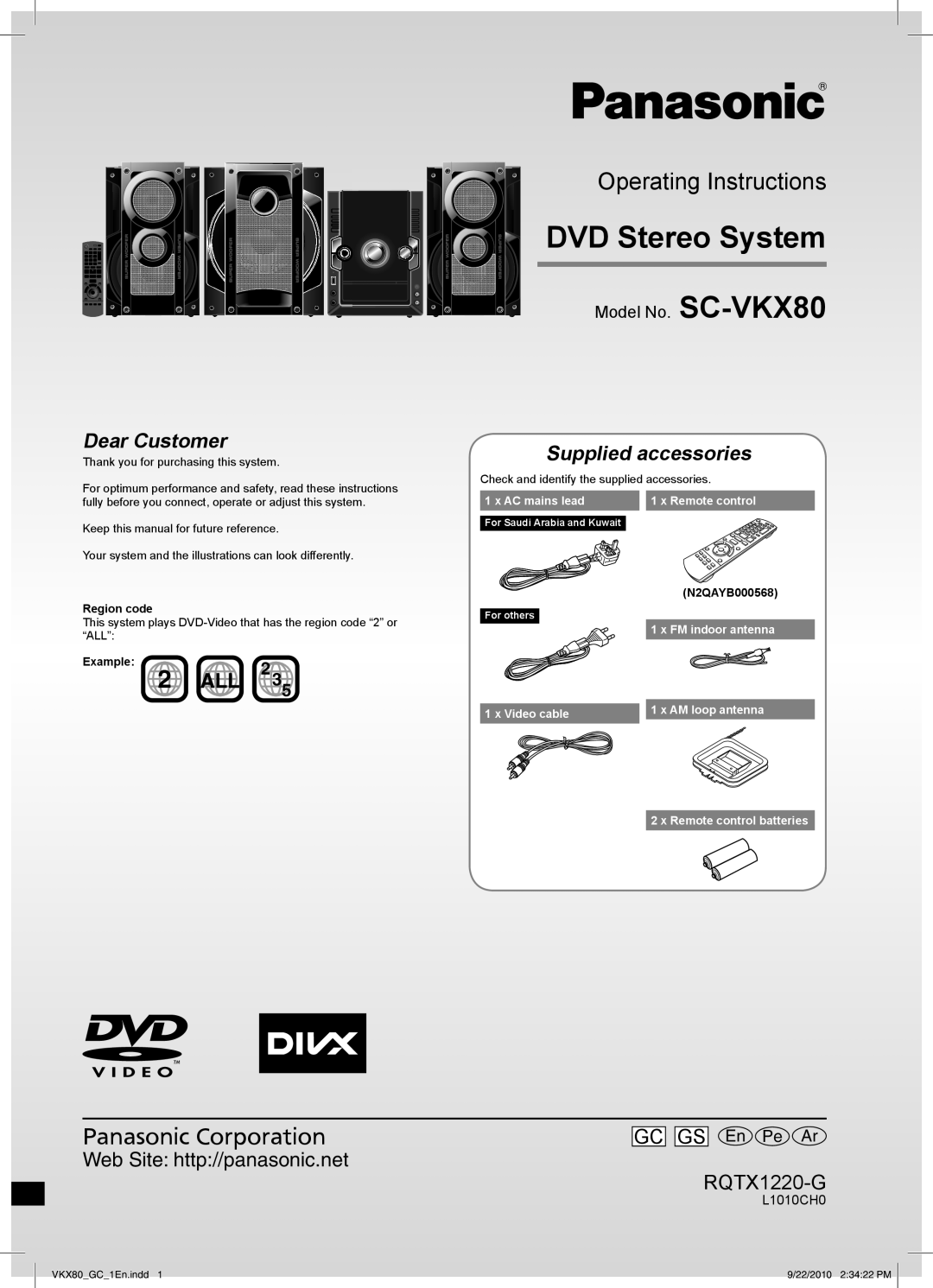 Panasonic SC-VKX80 manual DVD Stereo System, Operating Instructions, Supplied accessories, Panasonic Corporation, L1010CH0 