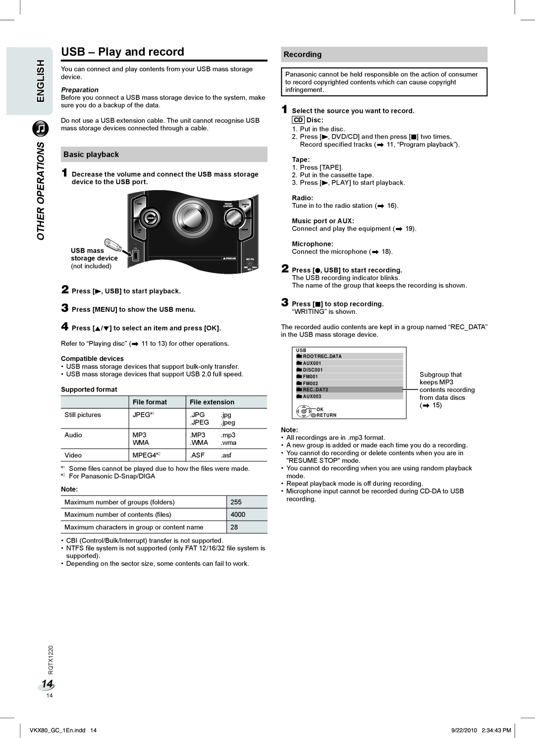 Panasonic SC-VKX80 USB - Play and record, Other Operations, English, Basic playback, Recording, Preparation, USB mass 