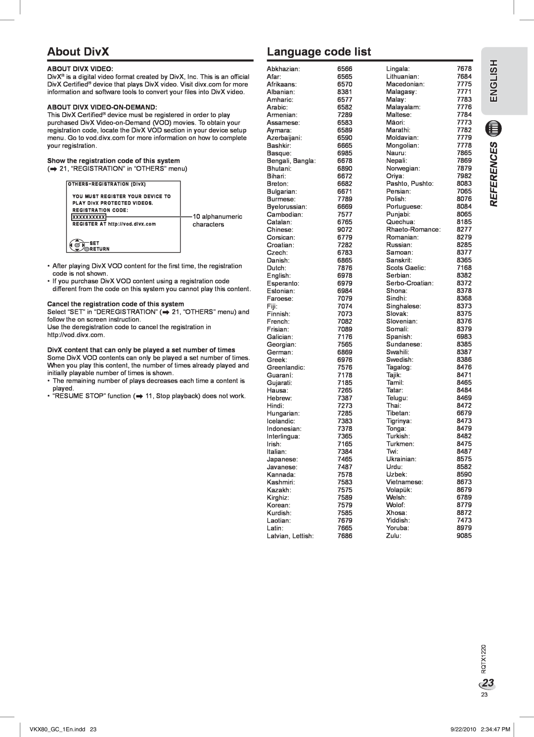 Panasonic SC-VKX80 manual About DivX, Language code list, English, References 