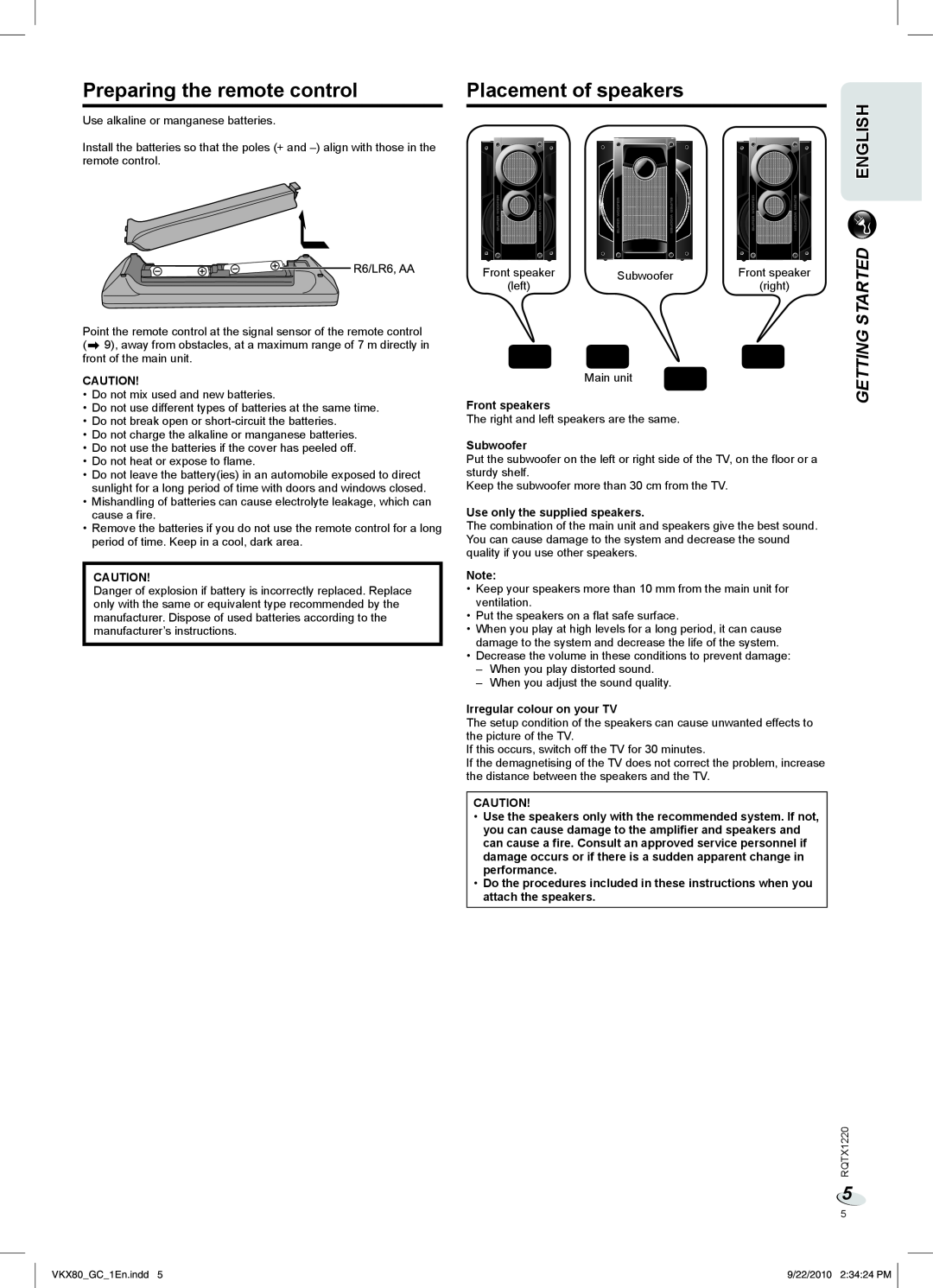 Panasonic SC-VKX80 manual Preparing the remote control, Placement of speakers, Started, Getting, English 