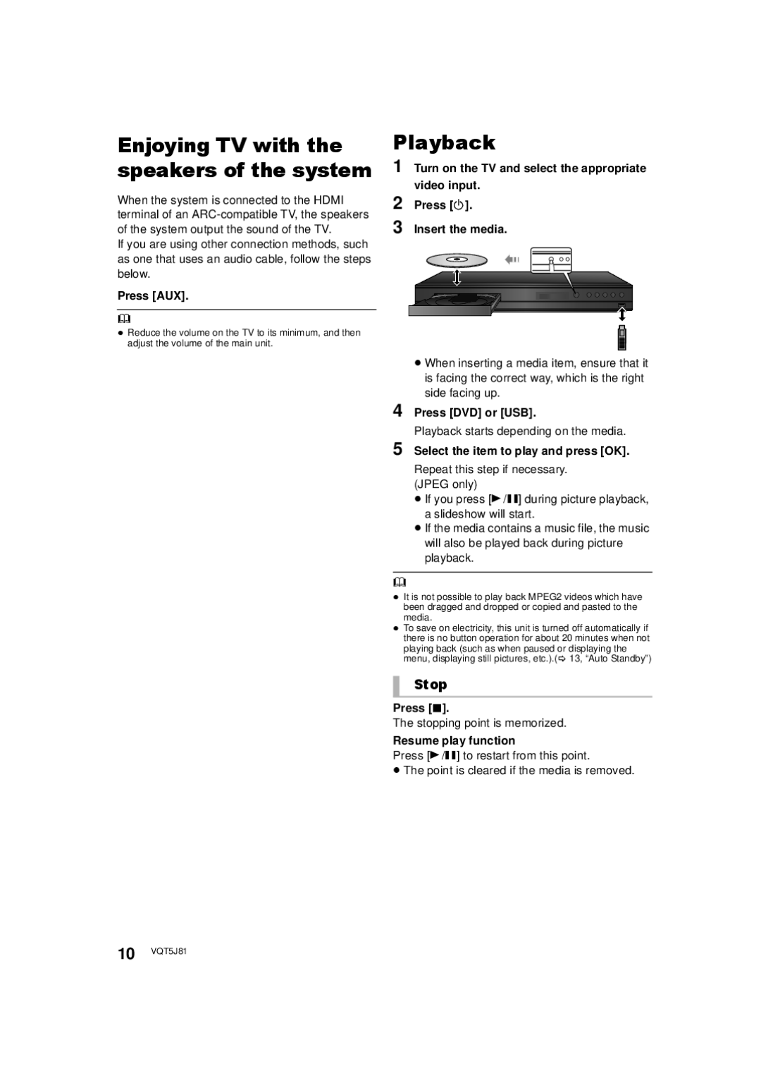 Panasonic SC-XH105 owner manual Playback, Stop 