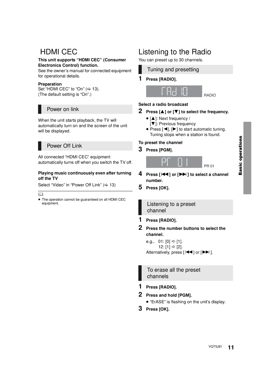 Panasonic SC-XH105 owner manual Power on link, Power Off Link, To erase all the preset channels 