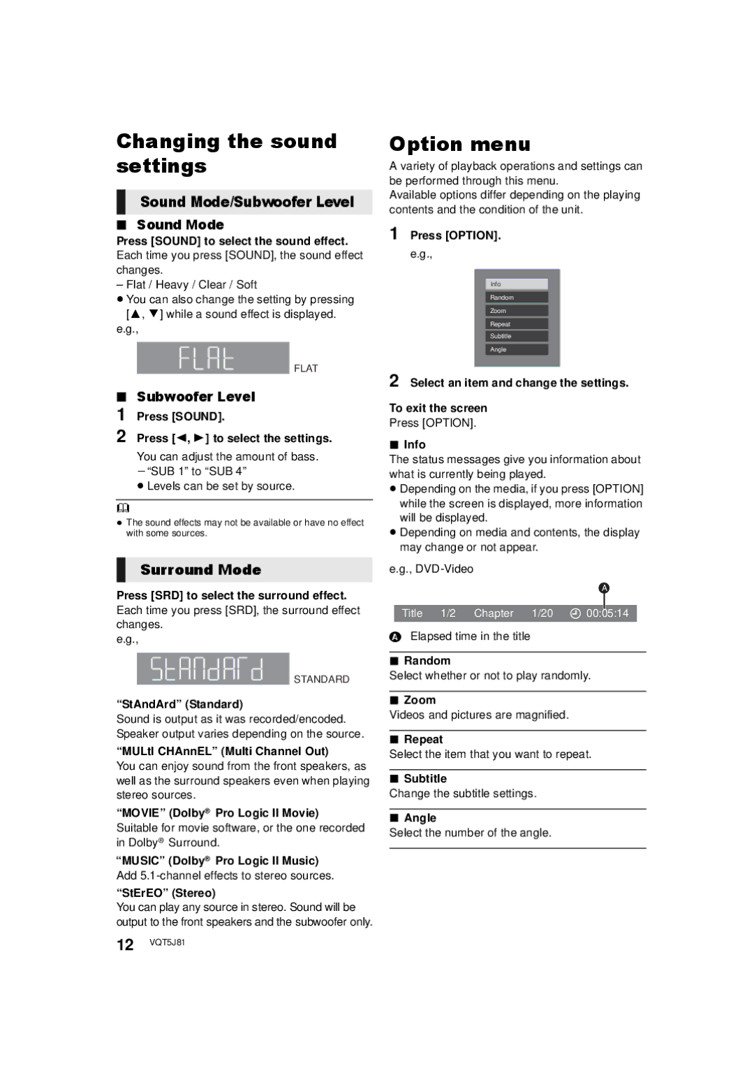 Panasonic SC-XH105 owner manual Changing the sound settings, Option menu, Sound Mode/Subwoofer Level, Surround Mode 