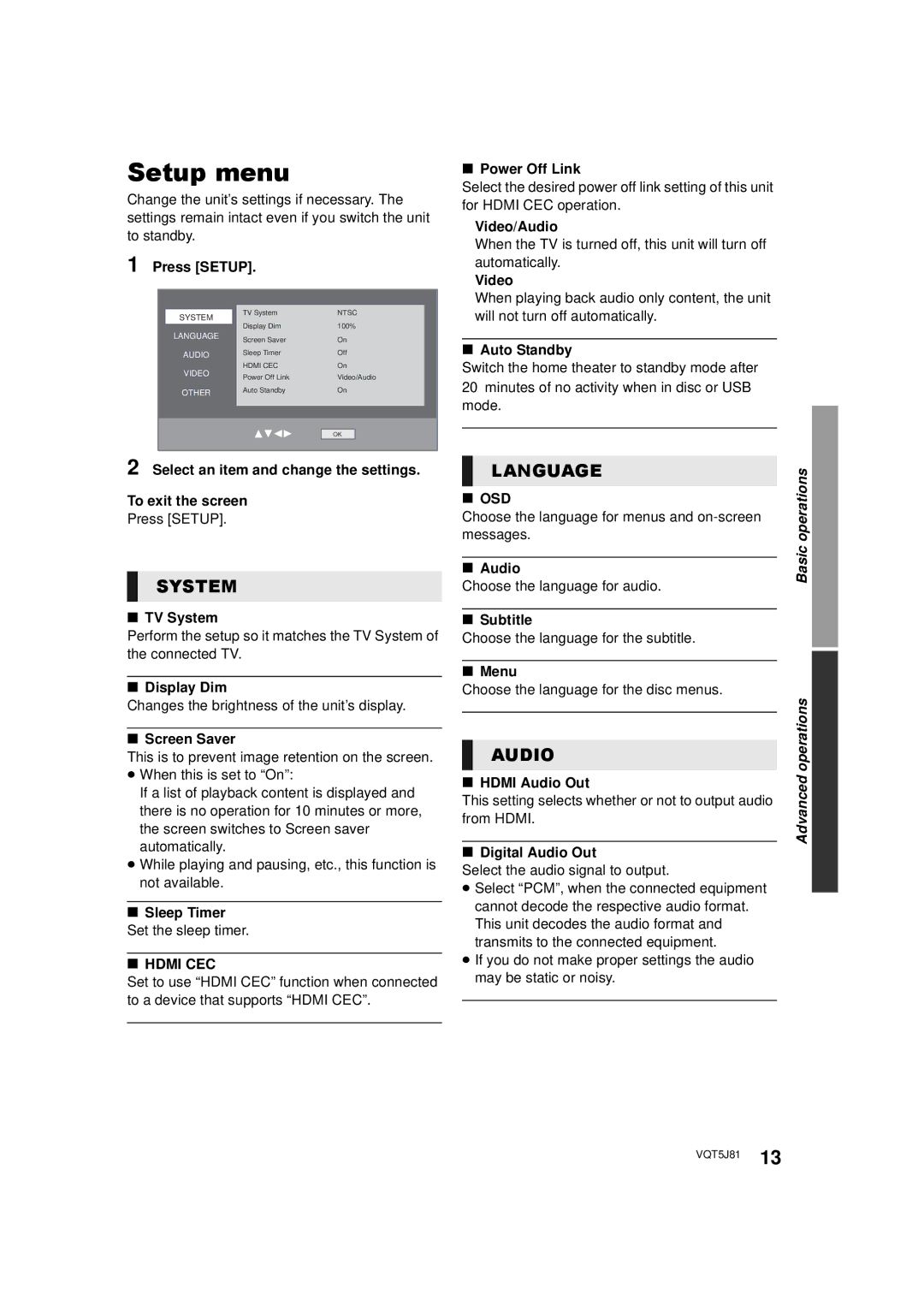 Panasonic SC-XH105 owner manual Setup menu 