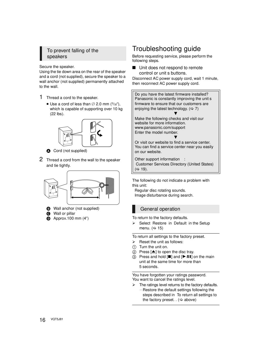 Panasonic SC-XH105 owner manual Troubleshooting guide, To prevent falling of the speakers,   , General operation 