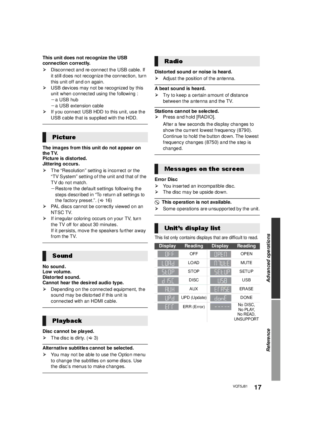 Panasonic SC-XH105 owner manual Picture, Sound, Playback, Radio, Messages on the screen, Unit’s display list 