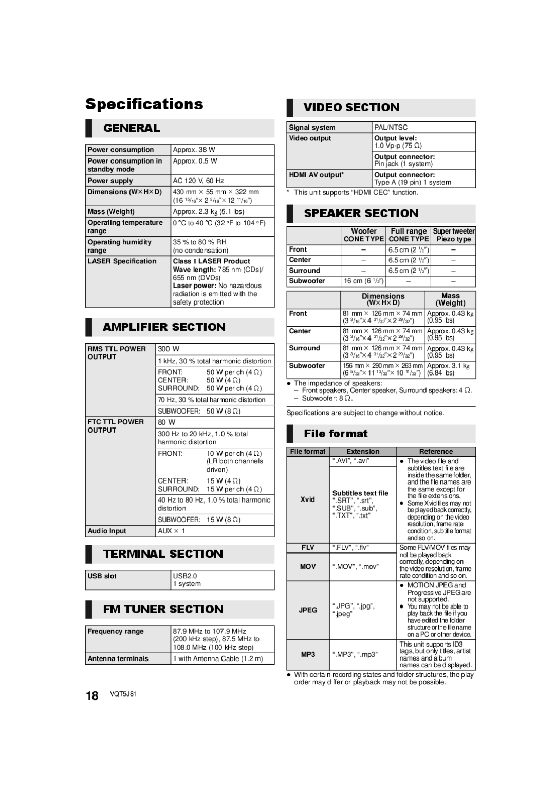 Panasonic SC-XH105 owner manual Specifications, File format 