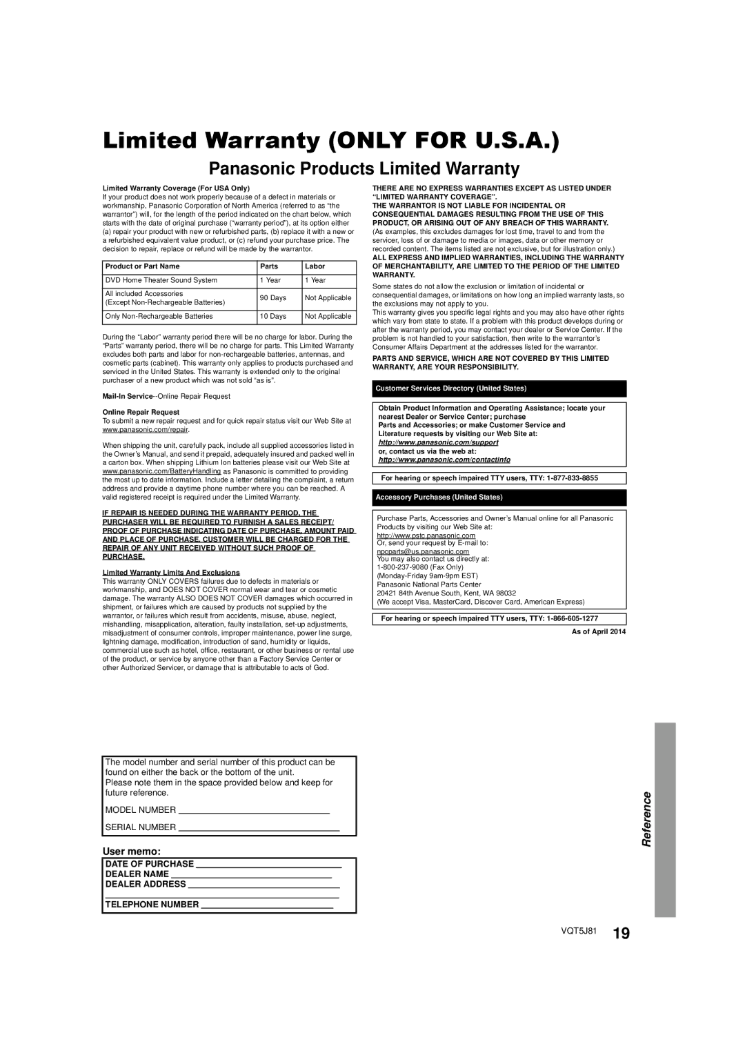 Panasonic SC-XH105 owner manual Limited Warranty only for U.S.A 