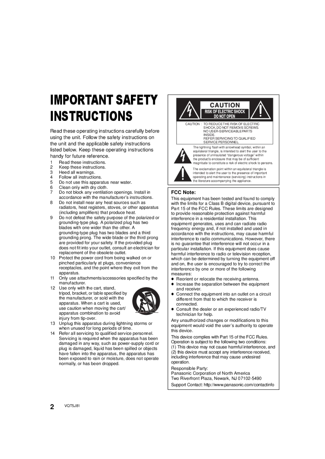 Panasonic SC-XH105 owner manual Important Safety Instructions, FCC Note 