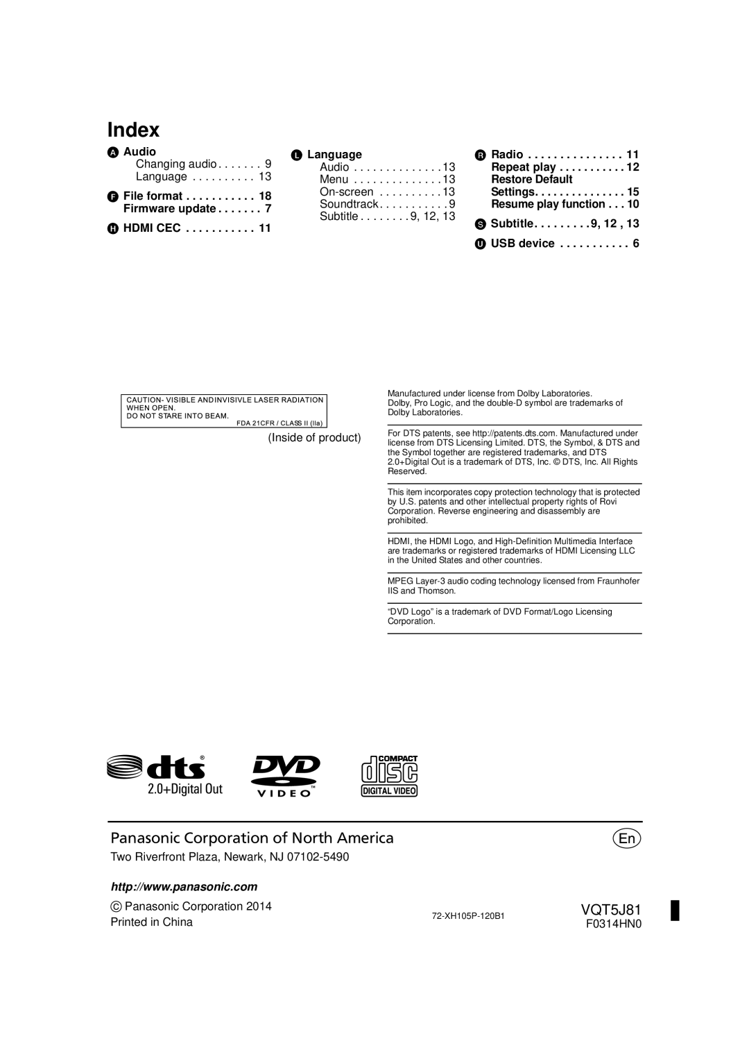 Panasonic SC-XH105 Index, Audio Language Radio Changing audio, Language Menu Restore Default File format On-screen 