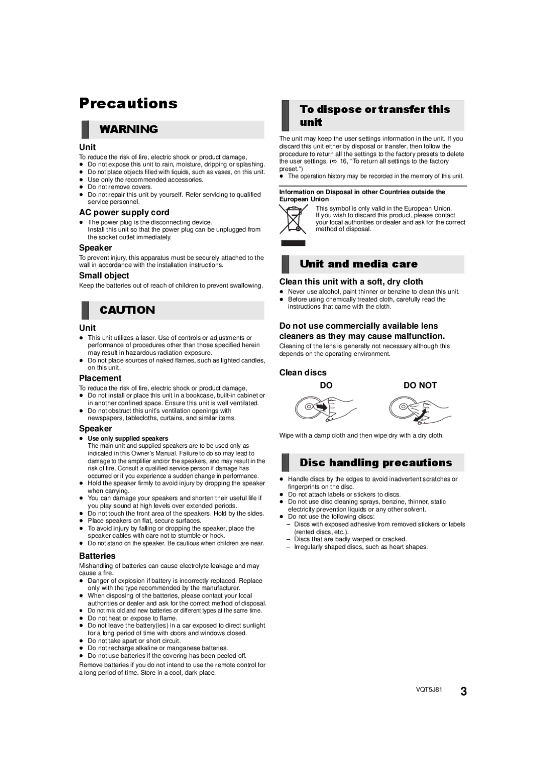 Panasonic SC-XH105 Precautions, To dispose or transfer this unit, Unit and media care, Disc handling precautions 