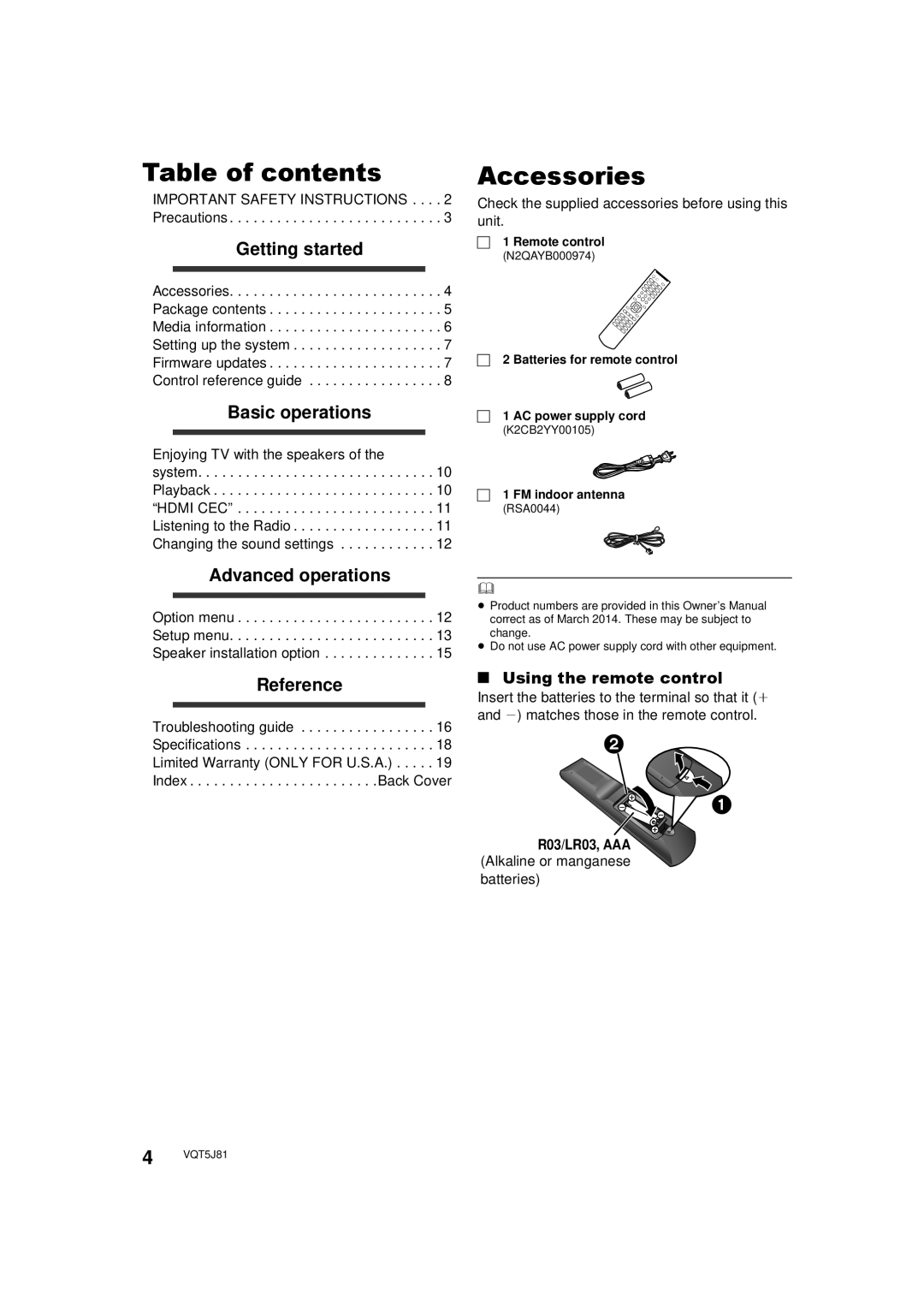 Panasonic SC-XH105 owner manual Table of contents, Accessories 