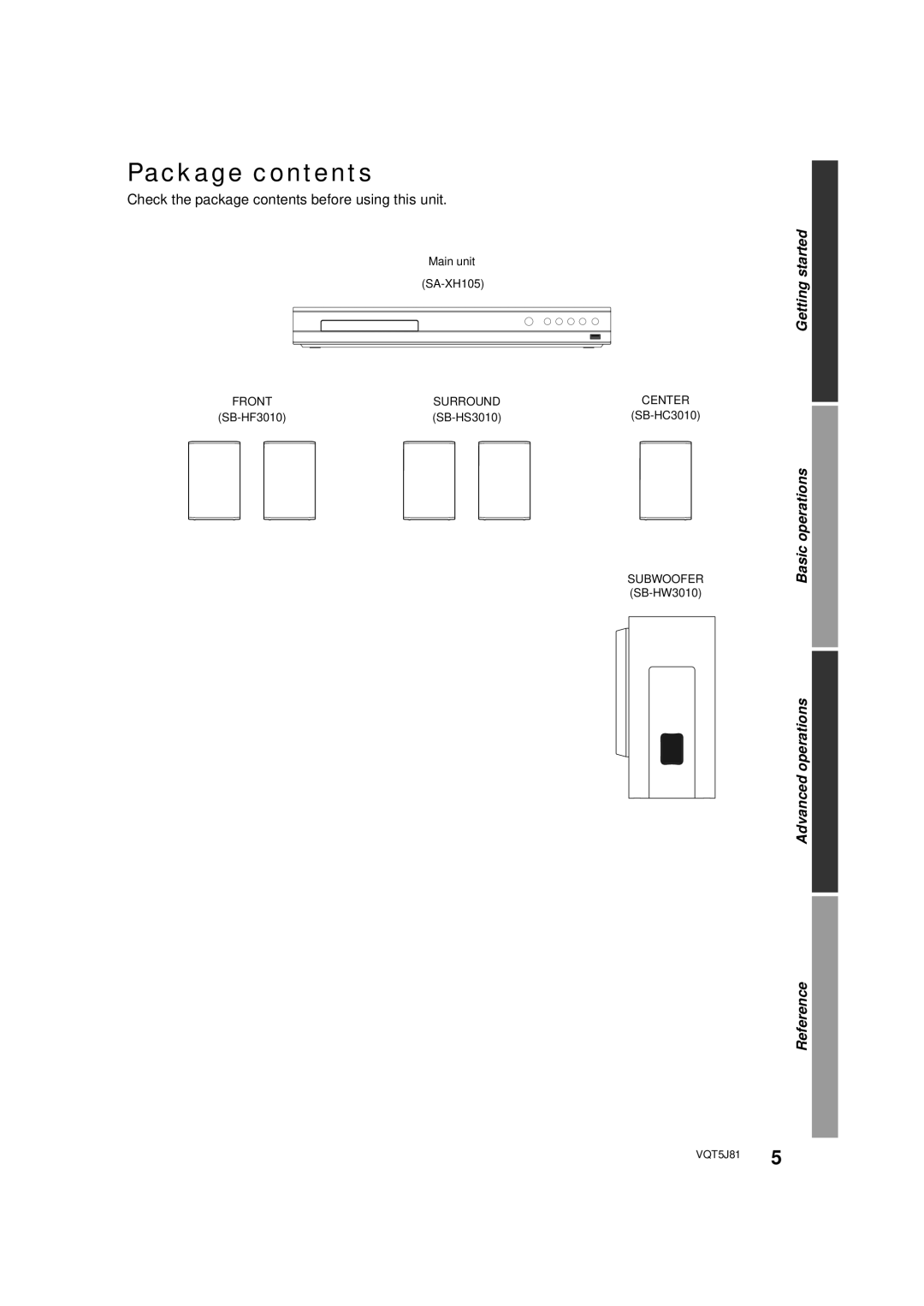 Panasonic SC-XH105 owner manual Package contents 