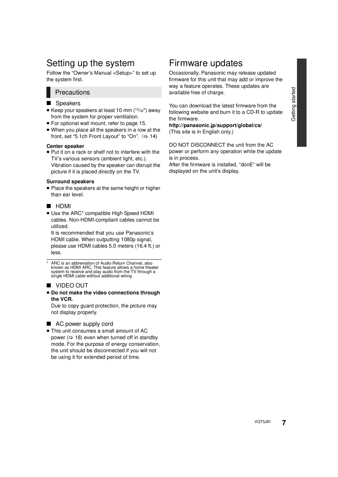 Panasonic SC-XH105 owner manual Setting up the system, Firmware updates, Precautions, Speakers, AC power supply cord 