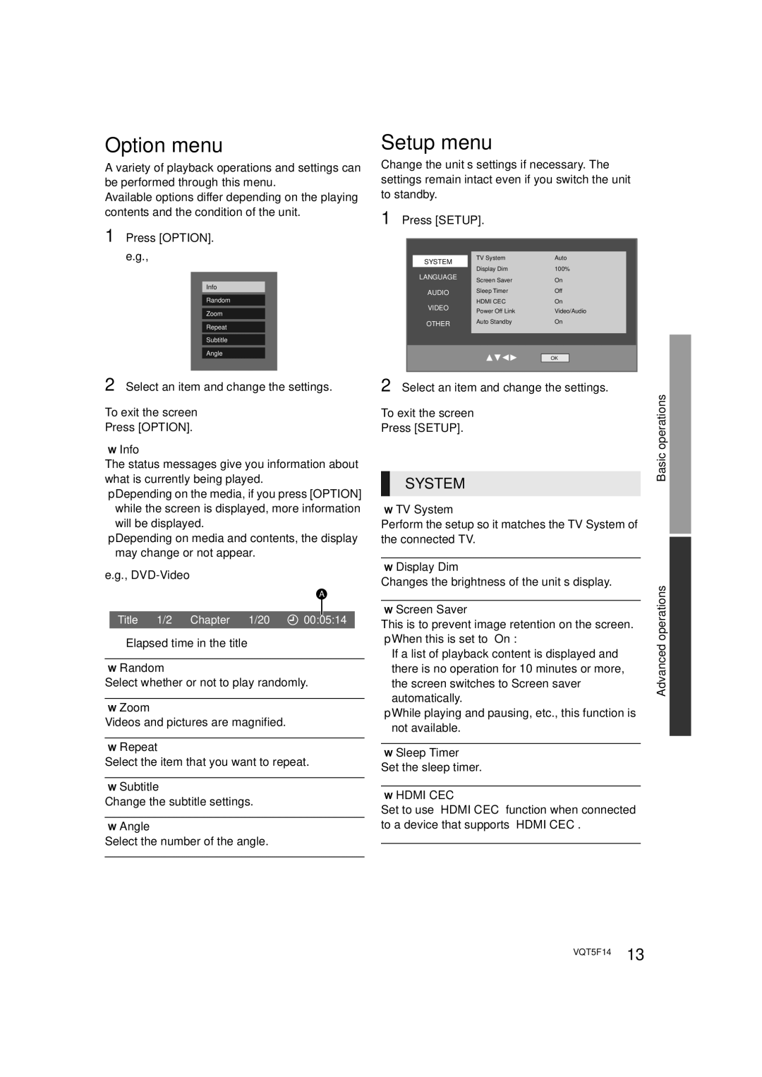 Panasonic SC-XH166 owner manual Option menu, Setup menu, System, Hdmi CEC 