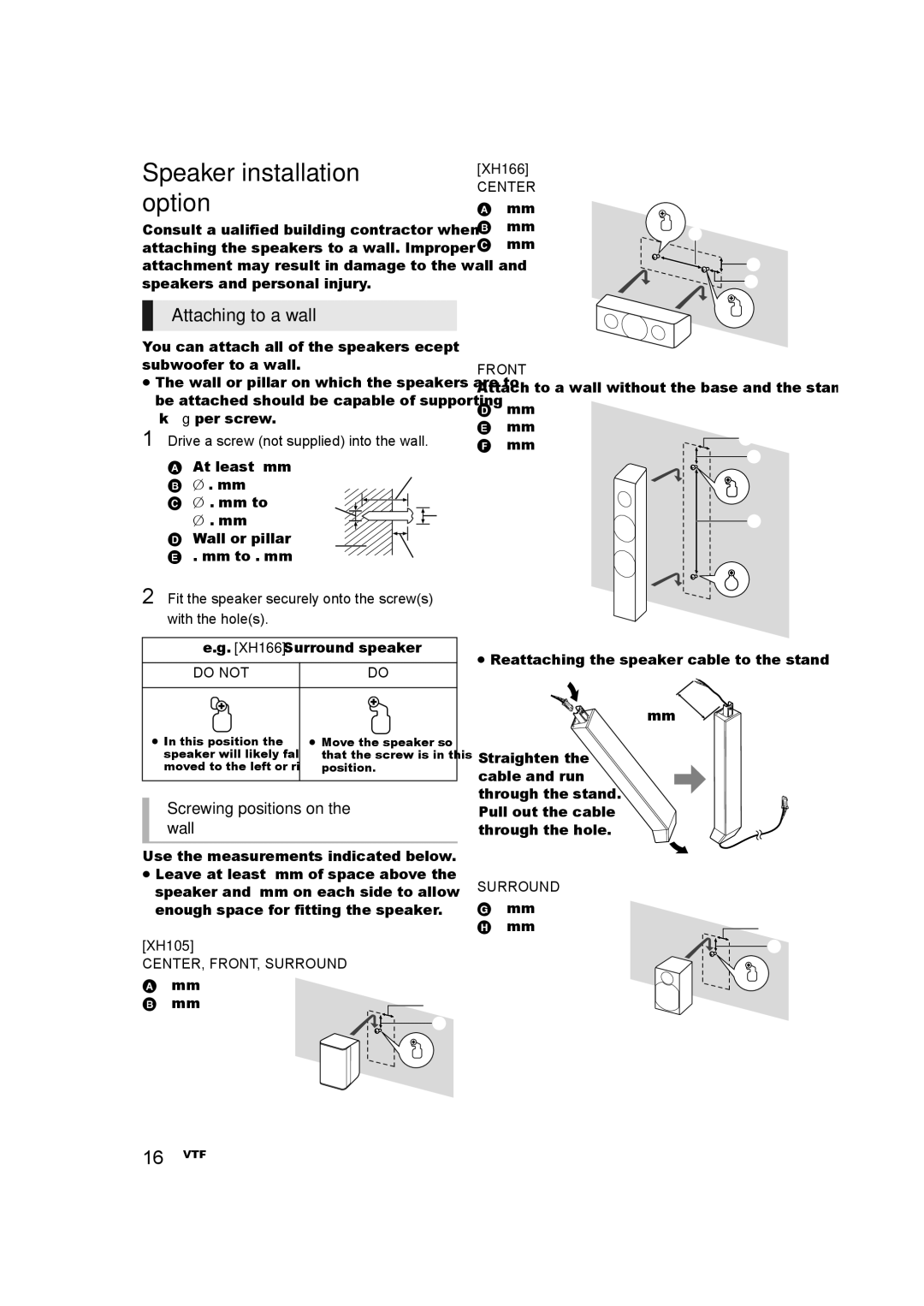 Panasonic SC-XH166 owner manual Speaker installation option, Attaching to a wall, Screwing positions on the wall 