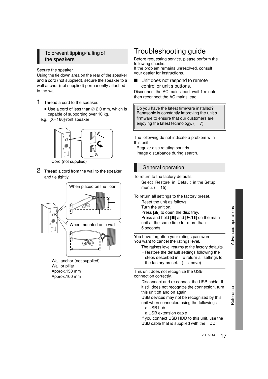 Panasonic SC-XH166 owner manual Troubleshooting guide, To prevent tipping/falling of the speakers,   , General operation 