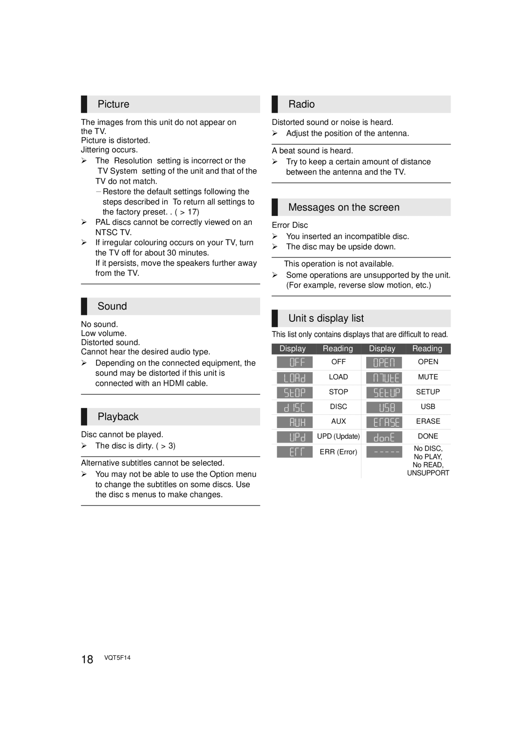 Panasonic SC-XH166 owner manual Picture, Radio, Messages on the screen, Sound, Playback, Unit’s display list 