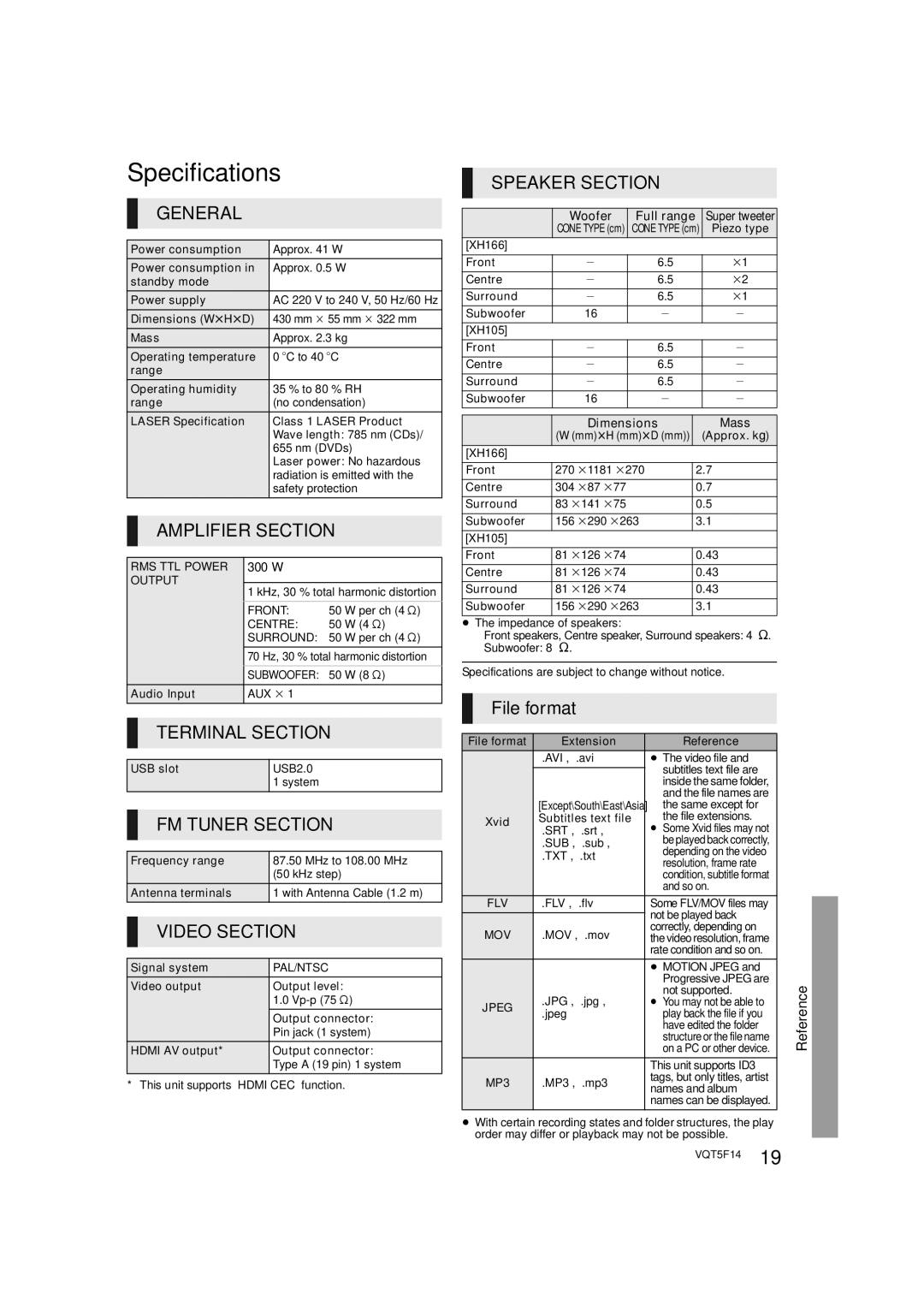 Panasonic SC-XH166 owner manual Specifications 