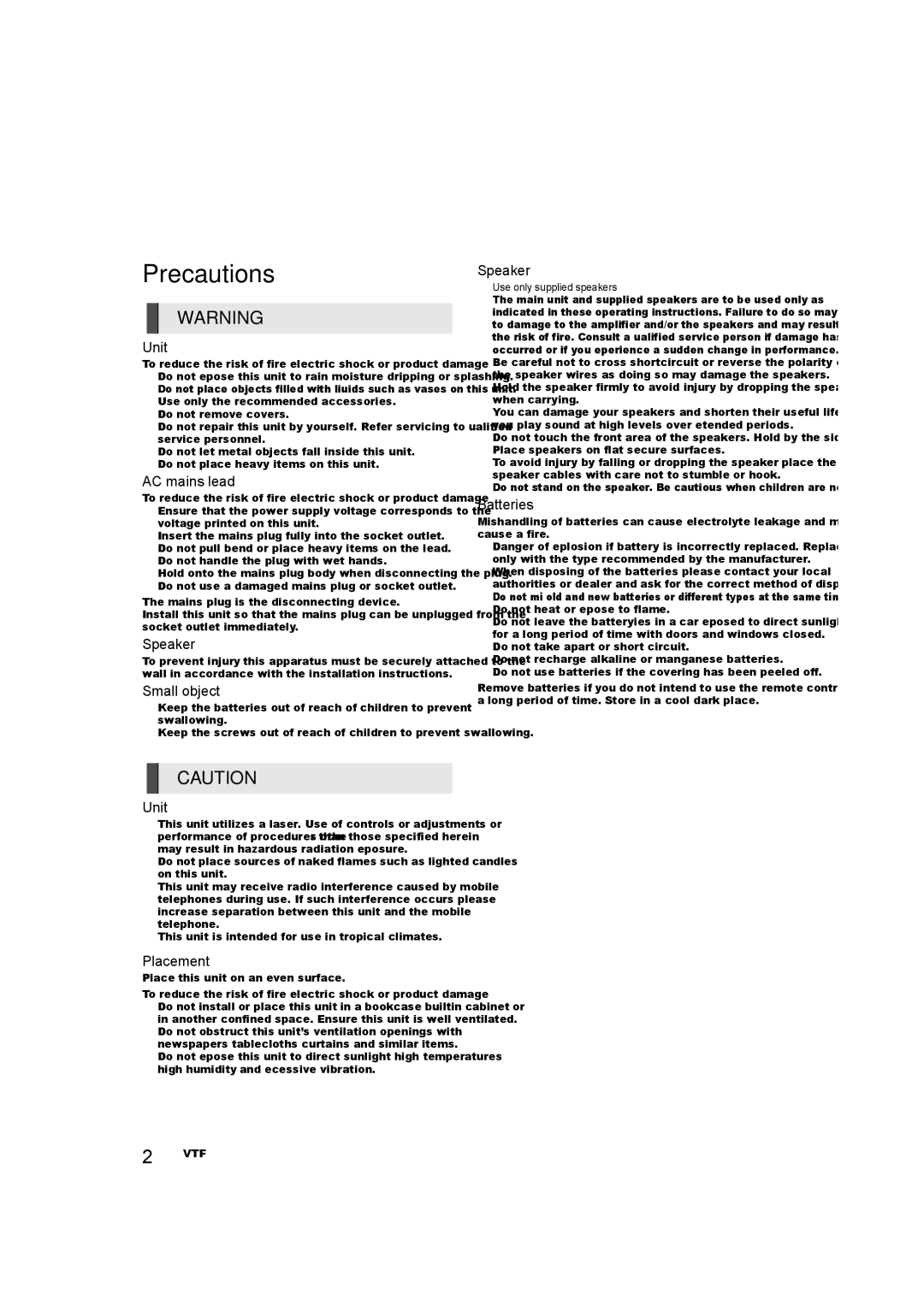 Panasonic SC-XH166 owner manual Precautions 