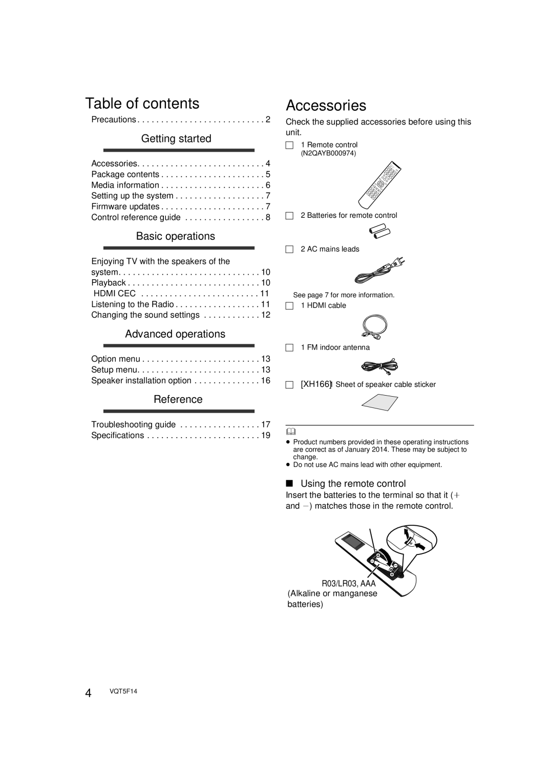 Panasonic SC-XH166 owner manual Table of contents, Accessories 