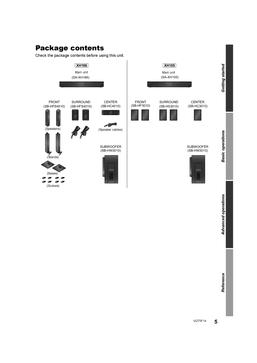 Panasonic SC-XH166 owner manual Package contents 