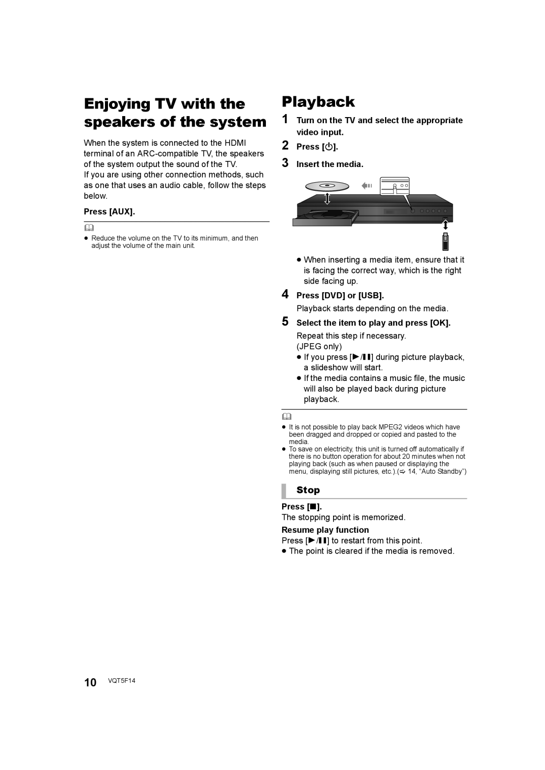 Panasonic SC-XH166 owner manual Playback, Stop, Enjoying TV with the speakers of the system 