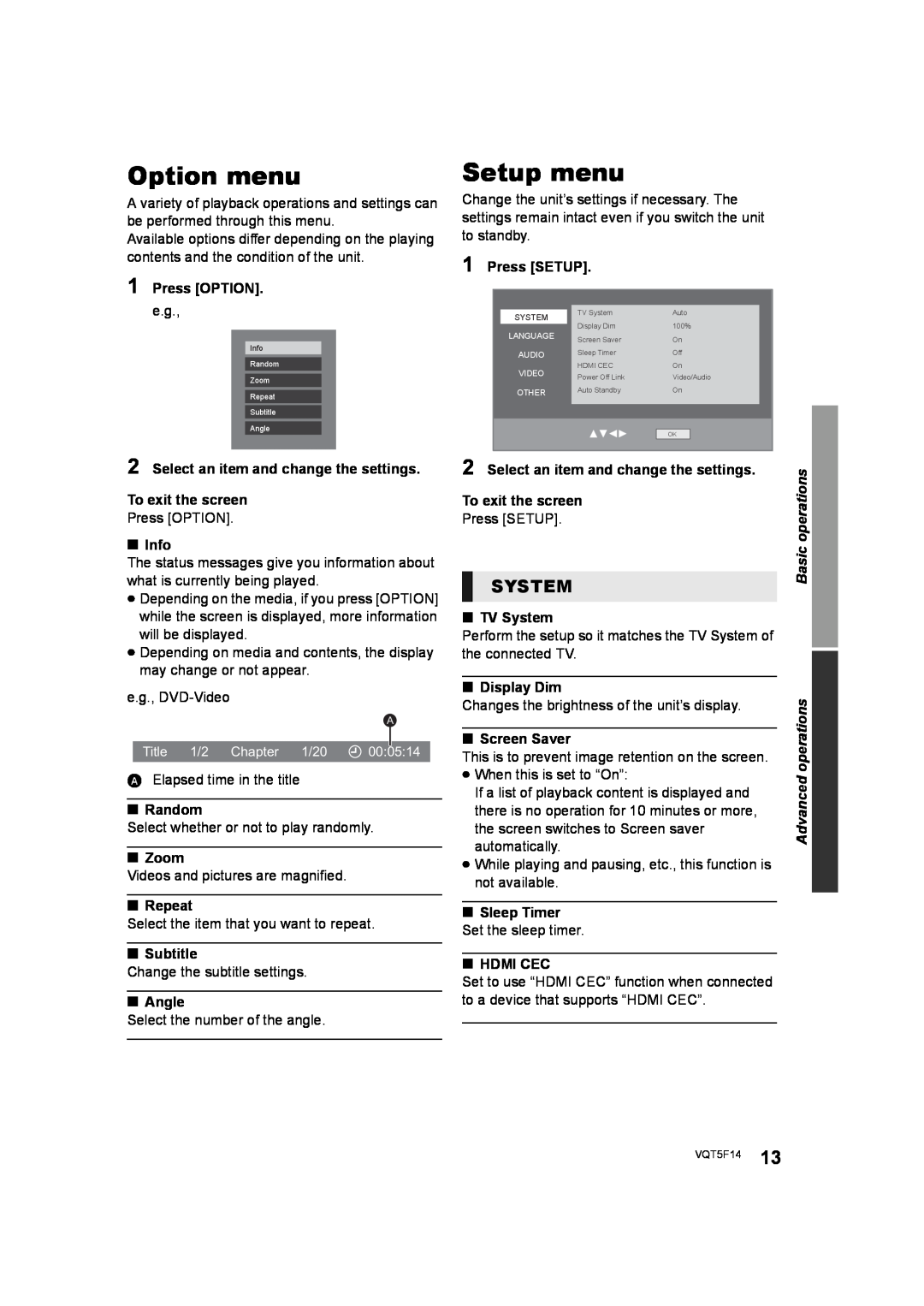 Panasonic SC-XH166 owner manual Option menu, Setup menu, System 