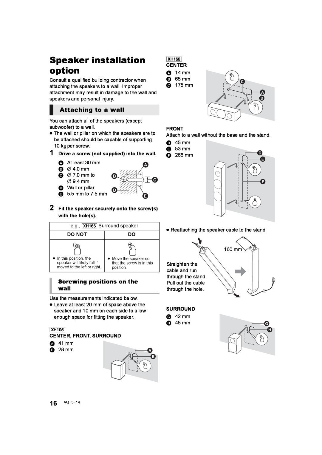 Panasonic SC-XH166 owner manual Speaker installation option, Attaching to a wall, Screwing positions on the wall 