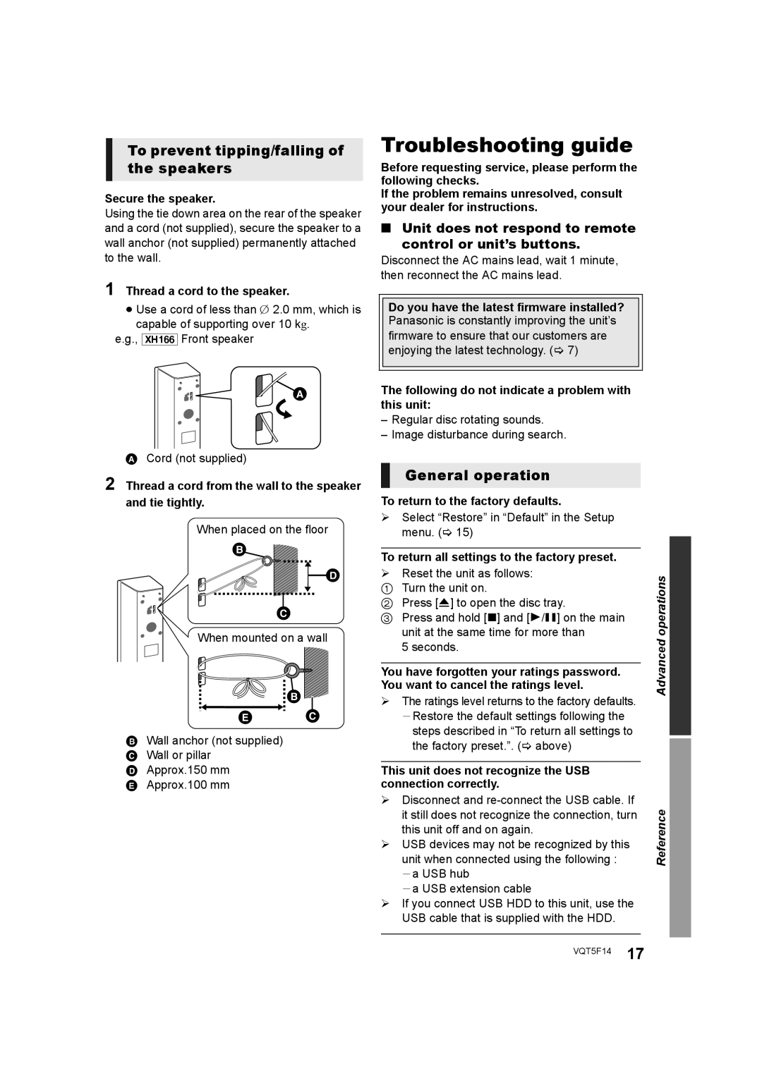 Panasonic SC-XH166 Troubleshooting guide, To prevent tipping/falling of the speakers,   ,   , General operation 