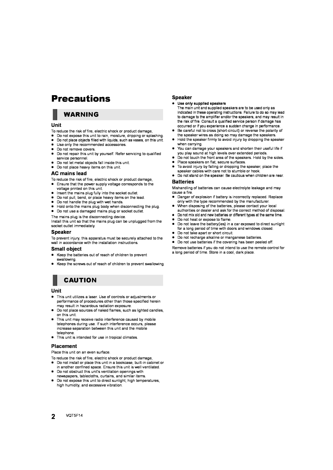 Panasonic SC-XH166 owner manual Precautions, ≥ Use only supplied speakers 