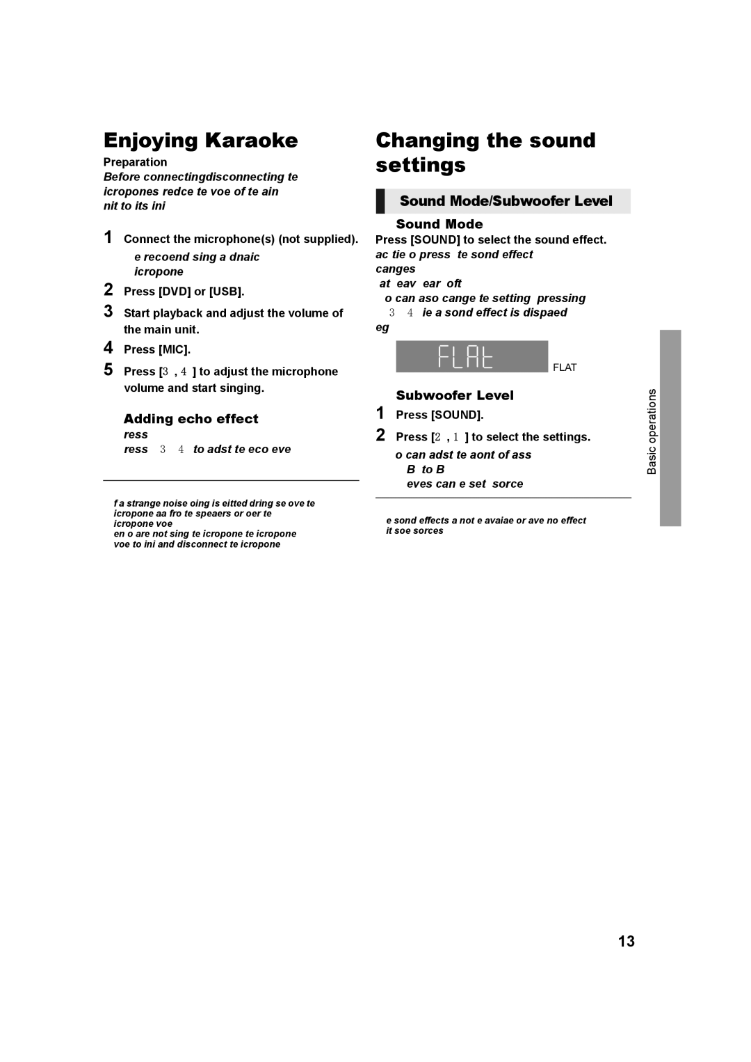 Panasonic SC-XH333 Changing the sound settings, Sound Mode/Subwoofer Level, Press Sound Press 2, 1 to select the settings 