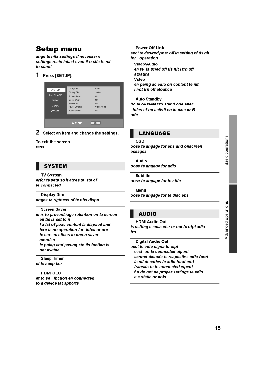 Panasonic SC-XH333, SC-XH385 owner manual Setup menu, System, Language, Audio 