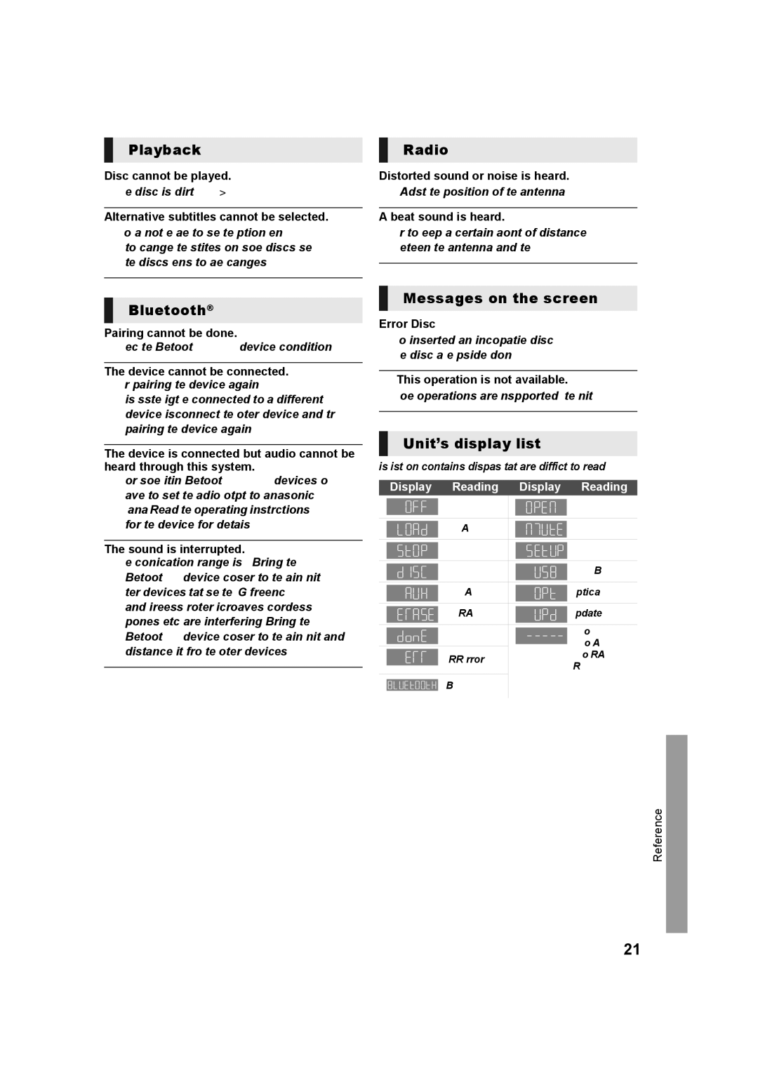 Panasonic SC-XH333, SC-XH385 owner manual Playback, Radio, Bluetooth, Messages on the screen, Unit’s display list 