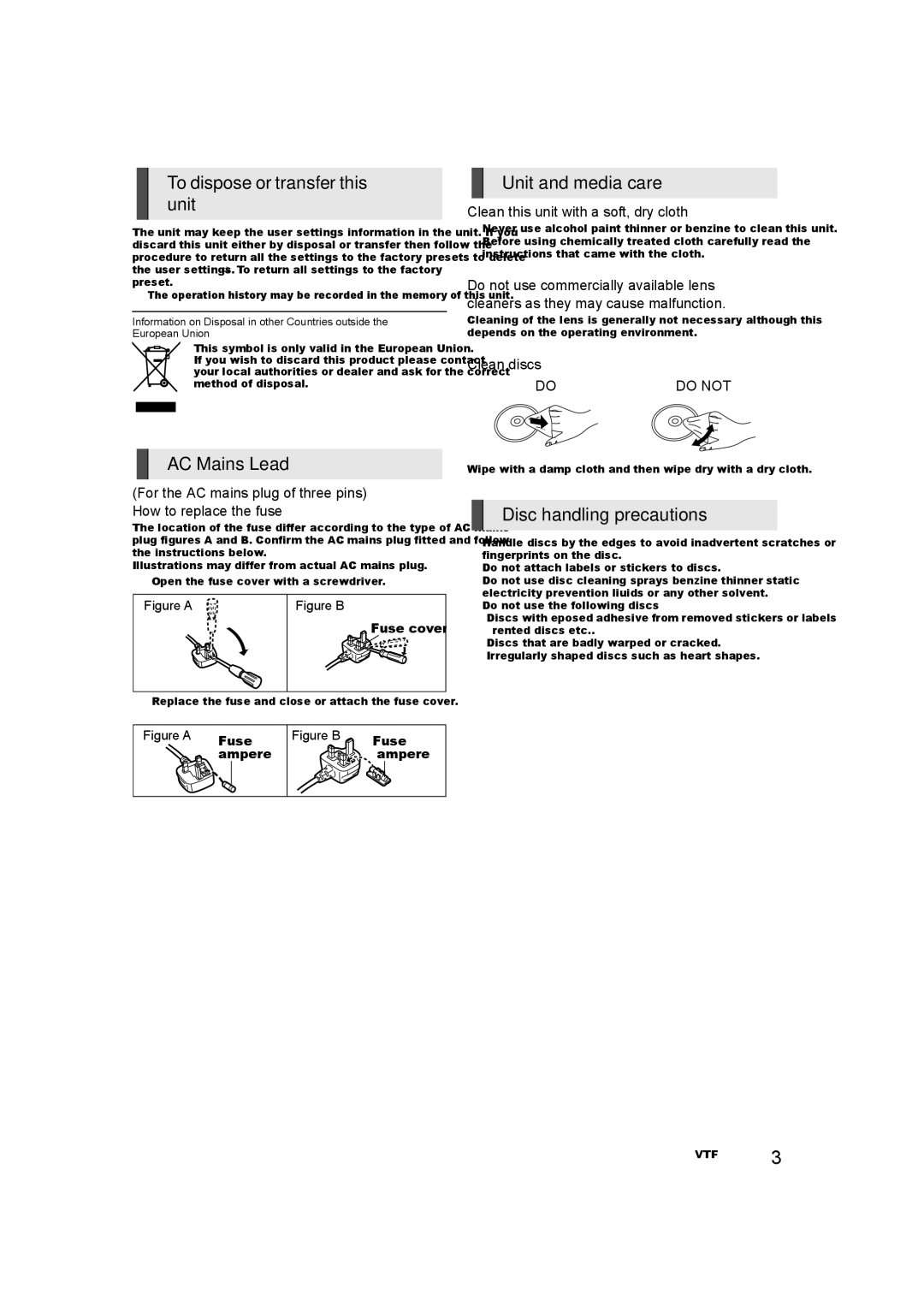 Panasonic SC-XH333 To dispose or transfer this unit, AC Mains Lead, Unit and media care, Disc handling precautions 