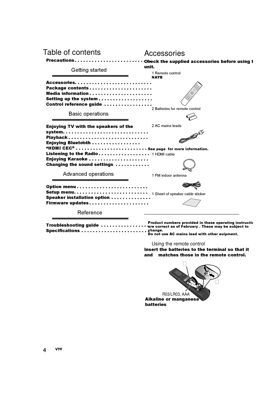 Panasonic SC-XH385, SC-XH333 owner manual Table of contents, Accessories 