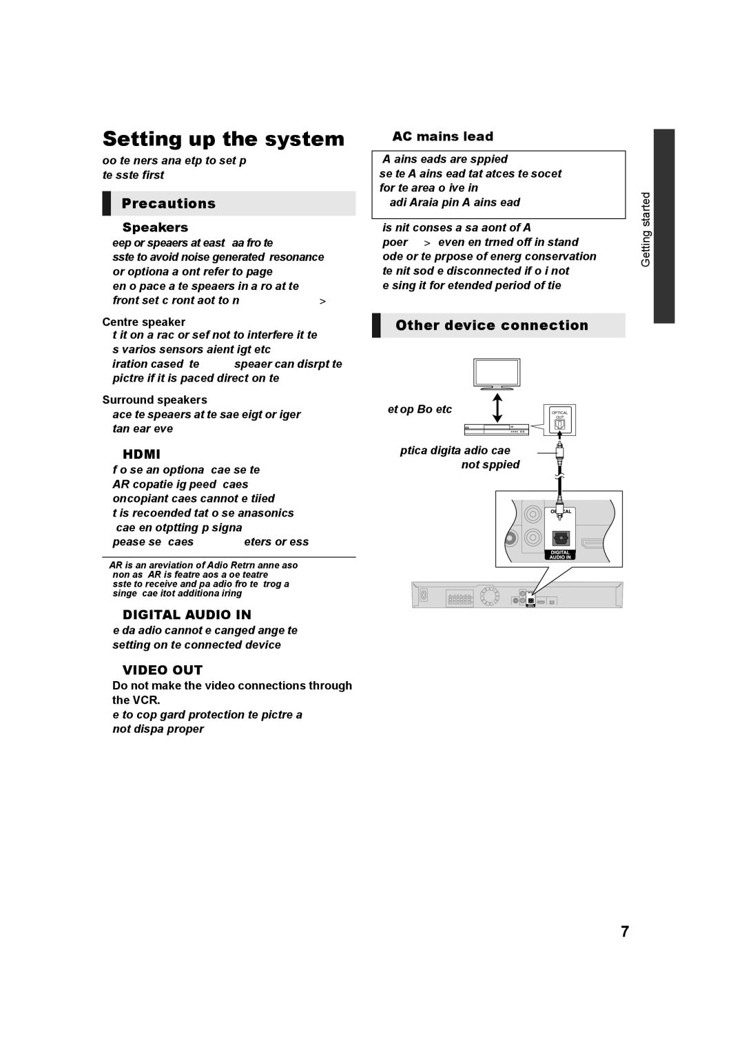 Panasonic SC-XH333, SC-XH385 Setting up the system, Precautions, Other device connection, Speakers, AC mains lead 