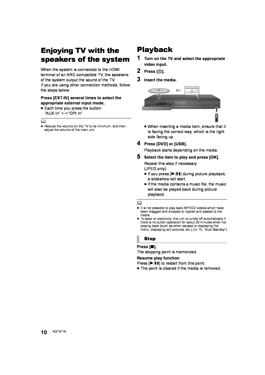Panasonic SC-XH385, SC-XH333 owner manual Playback, Enjoying TV with the speakers of the system, Stop 